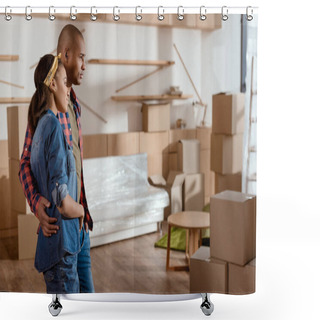 Personality  African American Couple Looking At New Home With Cardboard Boxes Shower Curtains