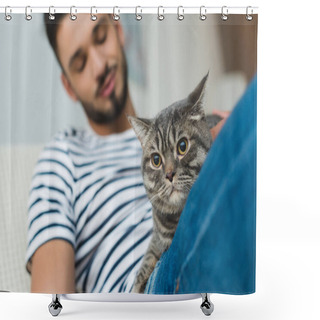 Personality  Close-up Shot Of Young Man Petting Cute Tabby Cat Shower Curtains