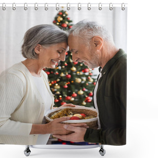 Personality  Smiling Middle Aged Couple With Closed Eyes Holding Wicker Basket Near Decorated Christmas Tree Shower Curtains