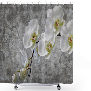 Personality  3d Wallpaper, Orchids Flower On Concrete Wall Textured Background. The Original Panel Will Turn Your Room In With The Most Recent World Trends In Interior Fashion. The Fresco Effect Shower Curtains