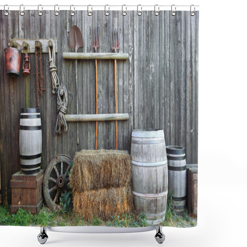 Personality  Barrel Bale And Fork In Old Barn Shower Curtains