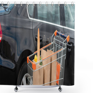 Personality  Shopping Trolley With Fresh Grocery Near Black Car, Banner Shower Curtains