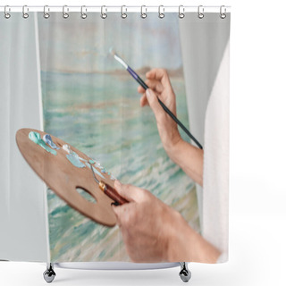 Personality  Cropped Shot Of Artist Holding Palette And Paintbrush While Painting At Easel In Art Studio  Shower Curtains