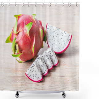 Personality  Fresh Dragon Fruit Slice On Wooden Background. Shower Curtains