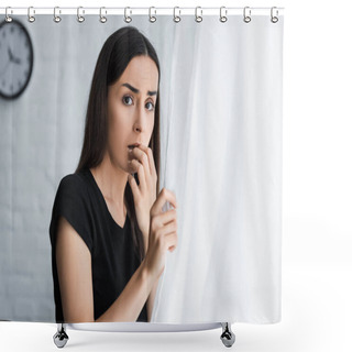 Personality  Scared Young Woman Looking At Camera While Standing By Window And Suffering From Panic Attack Shower Curtains