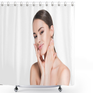 Personality  Smiling Young Woman Touching Her Face And Looking At Camera Isolated On White Shower Curtains