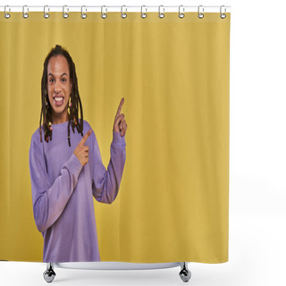 Personality  Cheerful African American Man With Dreadlocks Pierced Lip Pointing On Right Side On Yellow Backdrop Shower Curtains