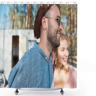 Personality  Hippie Couple Hugging Near Trailer In Forest Shower Curtains