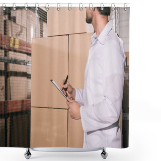 Personality  Cropped View Of Storekeeper In White Coat Writing On Clipboard In Warehouse Shower Curtains
