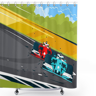 Personality  Vector Illustration Of Formula One Cars On The Race Track In Motion, Front View Shower Curtains