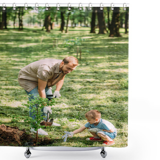 Personality  Happy Father And Son Planting Tree With Shovel At Park Shower Curtains