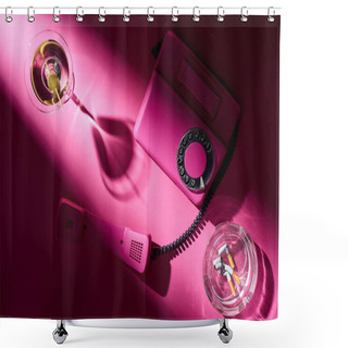 Personality  Top View Of Martini, Pink Telephone And Astray With Cigarette Butts On Pink Surface Shower Curtains