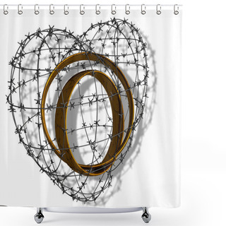 Personality  Wedding Rings In The Inside Of Barbed Wire In The Shape Of A Heart. Transparent Background. 3D Rendering. Shower Curtains