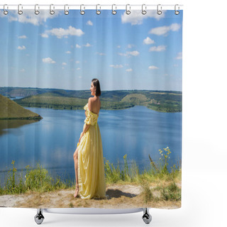 Personality  A Girl In A Long Dress Standing On A Cliff By The Bay Shower Curtains