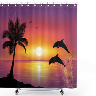 Personality  Silhouette Of Two Dolphins Jumping Out Of Water In The Ocean And Silhouette Of Palm Tree In The Foreground. Beautiful Sunset And Stars At The Seaside In The Background. Shower Curtains