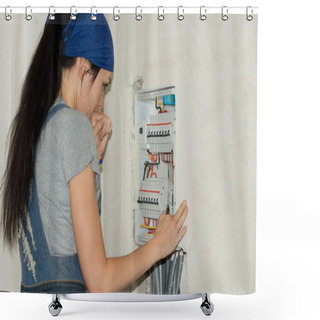 Personality  Woman Looking At An Electrical Fuse Board Shower Curtains