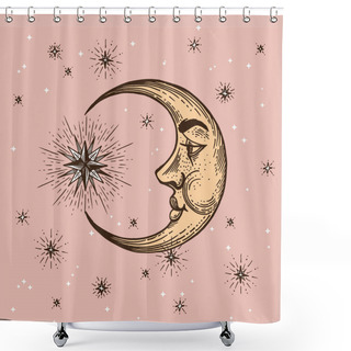 Personality  Set Of Sun, Moon And Crescent, Hand Drawn In Engraving Style. Vector Graphic Retro Illustrations. Shower Curtains