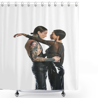 Personality  A Stylish And Tattooed Young Couple Sharing A Warm Hug In A Studio Setting Against A Grey Background. Shower Curtains