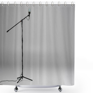 Personality  Black Microphone With Wire On Metal Stand On Grey Background With Copy Space  Shower Curtains