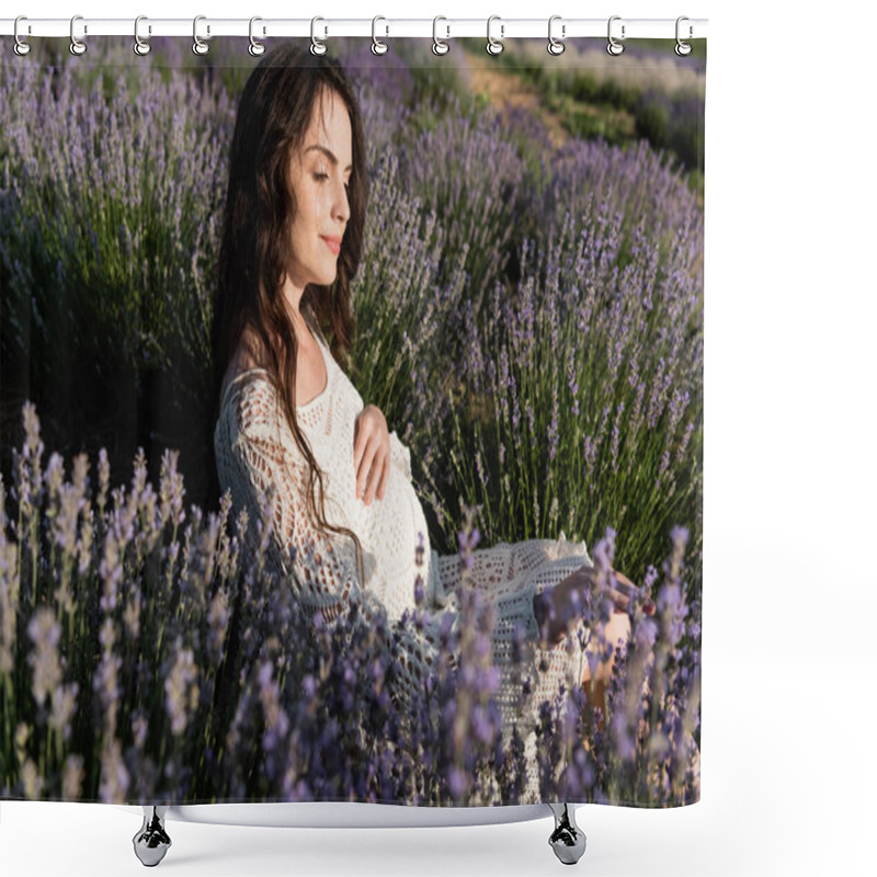 Personality  Pregnant Woman With Long Hair Enjoying Sitting In Lavender Field Shower Curtains