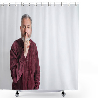 Personality  Gray Bearded Man Have The Finger On Lips As Man Gesturing Shh Sign, Please Be Silent Concept Shower Curtains