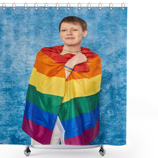 Personality  Portrait Of Cheerful Queer Person Smiling While Holding Lgbt Flag And Looking At Camera During Gay Pride Month Celebration On Mottled Blue Background Shower Curtains