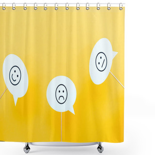 Personality  KYIV, UKRAINE - AUGUST 5, 2019: Set With Emoticons On Speech Bubbles And Sticks On Orange  Shower Curtains