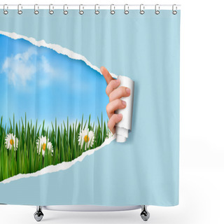 Personality  Nature Background With Green Grass And Sky And Ripped Paper. Vec Shower Curtains