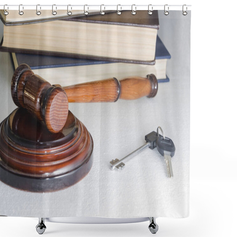 Personality  Judge Hammer And House Key On Light Background. The Concept Of Property Law. Estate Sale. Shower Curtains