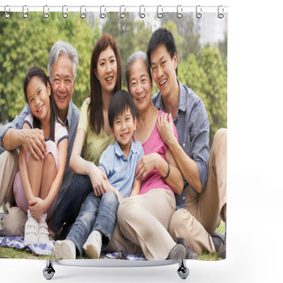 Personality  Portrait Of Multi-Generation Chinese Family Relaxing In Park Tog Shower Curtains