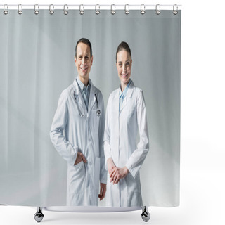 Personality  Smiling Adult Doctors Looking At Camera On Grey Shower Curtains