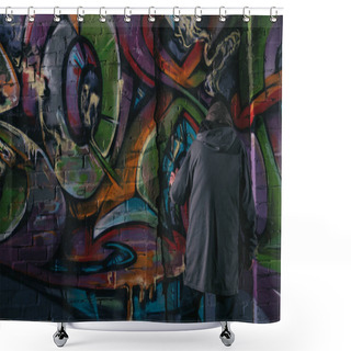 Personality  Back View Of Street Artist Painting Graffiti With Aerosol Paint On Wall At Night Shower Curtains