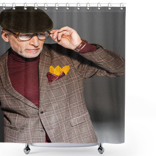 Personality  Trendy Middle Aged Man Touching Glasses On Grey Shower Curtains