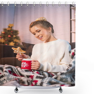 Personality  Woman In Blanked Holding Christmas Gingerbread Cookie And Cup With Hot Cocoa Shower Curtains