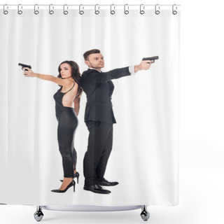 Personality  Couple Of Secret Agents Aiming With Weapon, Isolated On White Shower Curtains