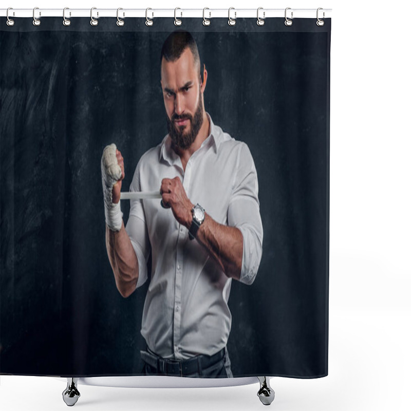 Personality  Portrait of cheeky bearded man with boxing gloves shower curtains