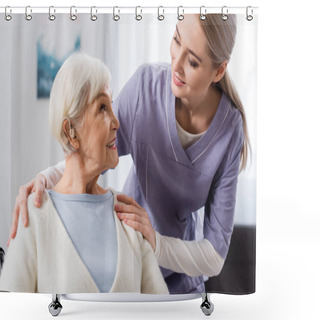 Personality  Smiling Social Worker Hugging Shoulder Of Senior Woman With Hearing Aid Shower Curtains