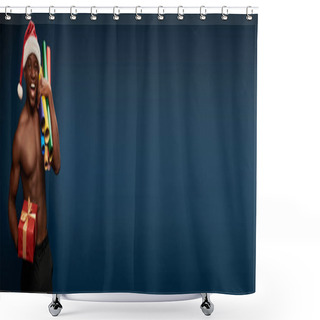 Personality  Strong And Smiley African American Man In Santa Hat With Wallpapers And Present On Dark Blue, Banner Shower Curtains