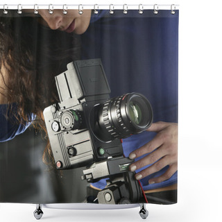 Personality  Young Photographer Taking Pictures With Camera And Tripod Shower Curtains