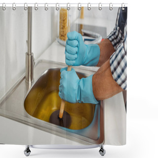 Personality  Cropped View Of Plumber In Rubber Gloves Cleaning Blockage Of Kitchen Sink With Plunger Shower Curtains