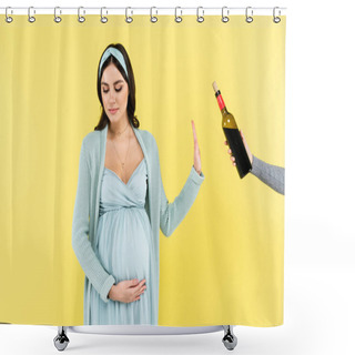 Personality  Young Pregnant Woman Refusing From Red Wine Isolated On Yellow Shower Curtains