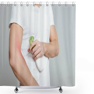 Personality  Cropped View Of Man With Allergy On Hand Using Spray Isolated On Grey Shower Curtains
