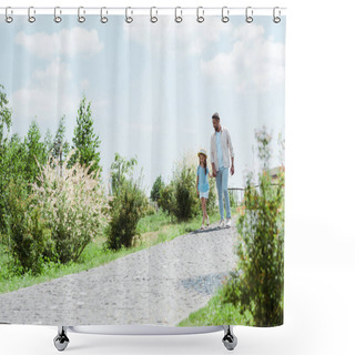 Personality  Handsome Father And Daughter Walking Near Green Plants And Holding Hands  Shower Curtains