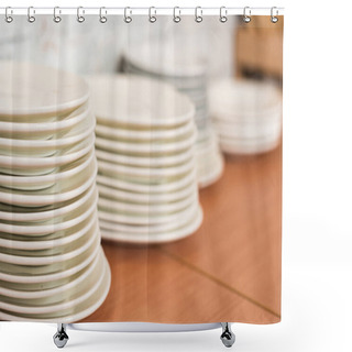 Personality  Selective Focus Of Clean White Plates On Wooden Surface Shower Curtains