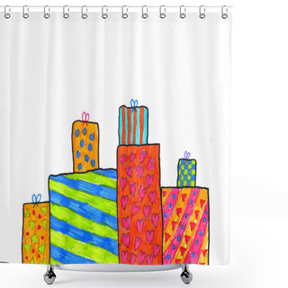 Personality  Gift Boxes Hand-drawn Illustration Of Presents, Colorful Boxes With Various Bright Patterns Against White Background, Simple Drawing, Naive  Shower Curtains
