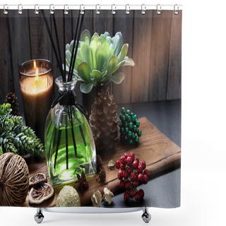 Personality  Aromatic Scented Reed Diffuser Or Air Freshener Are On Wooden Table Decorated By Various Herb, Spices And Dried Potpourri In The Living Room Of The House During Christmas New Year Party Celebration  Shower Curtains