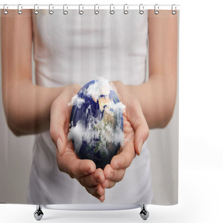Personality  Woman Holding Planet Model On Grey Background, Earth Day Concept Shower Curtains