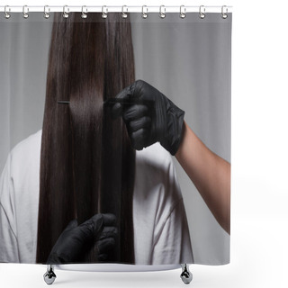 Personality  Back View Of Young Woman With Smooth Long Hair Near Colorist In Latex Gloves Isolated On Grey  Shower Curtains