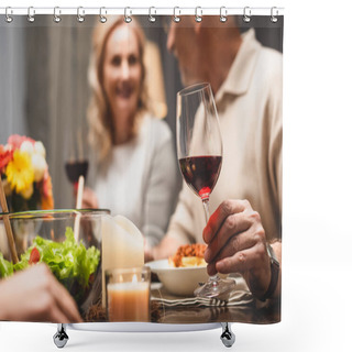 Personality  Selective Focus Of Man Holding Wine Glass And Talking With Smiling Woman During Dinner  Shower Curtains