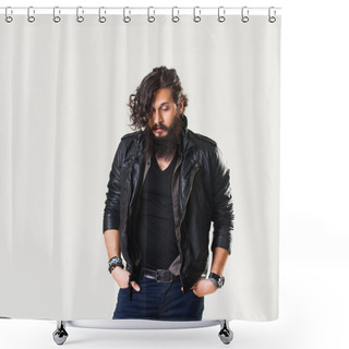 Personality  Young Guy In A Black Leather Jacket Shower Curtains